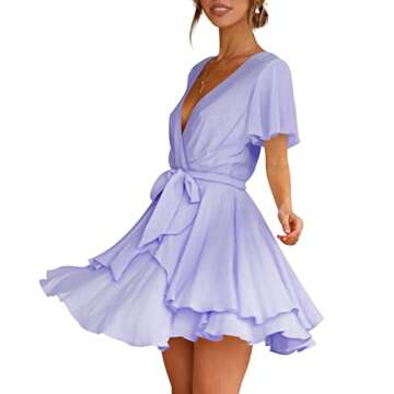 Cosonsen Womens Wedding Guest Dresses Deep V-Neck Tie Waist Short Dress Light Purple L