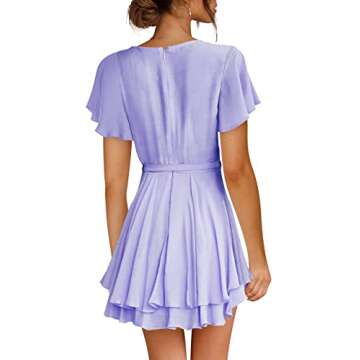 Cosonsen Womens Wedding Guest Dresses Deep V-Neck Tie Waist Short Dress Light Purple L