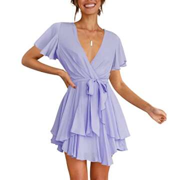 Cosonsen Womens Wedding Guest Dresses Deep V-Neck Tie Waist Short Dress Light Purple L