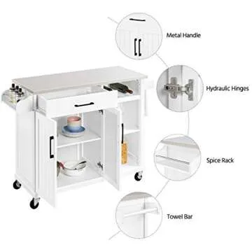 Yaheetech Kitchen Island Cart with Stainless Steel Top, Rolling Storage Cabinet on Wheels with Drawer & Wine Rack & Spice Rack, Sideboard Buffet with Towel Bar, White