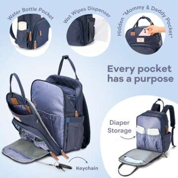 RUVALINO Diaper Bag Backpack, Multifunction Travel Pack Maternity Baby Changing Bags, Large Capacity, Waterproof, Navy Blue