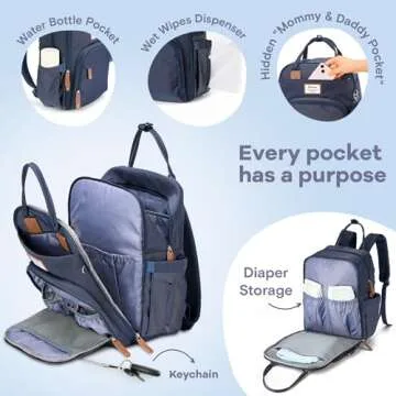 RUVALINO Diaper Bag Backpack, Multifunction Travel Pack Maternity Baby Changing Bags, Large Capacity, Waterproof, Navy Blue