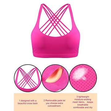 Patelai 2 Pack Womens Sports Bras for Women Cross Back Bra Workout Strappy Bra Seamless Comfortable Yoga Bra (M, Black and Rose Red)