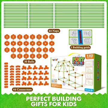Fort Building Kit for Kids 4,5,6,7,8+Year Old Boys & Girls, 140 pcs, Creative STEM Building Toys for DIY Castles, Tunnels, Play Tent, Ideal Gift for Aged 5-8