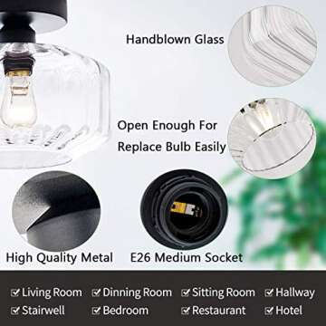 TeHenoo Industrial Flush Mount Ceiling Light, Texture Clear Glass Shade Semi Flush Mount for Hallway,Entryway,Foyer,Bedroom, Cafe, Bar, Corridor,Passway