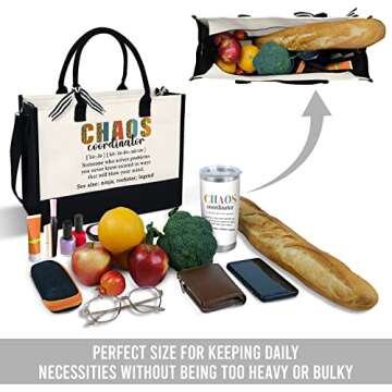 OASSIE Gifts for Women - Mothers Day, Birthday, Christmas, Appreciation, Thank You Gifts for Coworkers, Boss Lady, Friends, Women - Chaos Coordinator 13 oz Canvas Teacher Tote Bag with Zipper