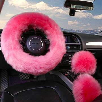 Yontree Cute Fluffy Steering Wheel Covers for Women/Girls/Ladies Australia Pure Wool Universal 15 Inch1 Set 3 Pcs (Pink)