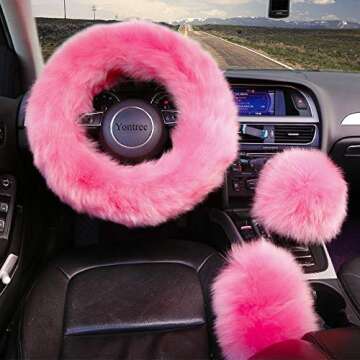 Yontree Cute Fluffy Steering Wheel Covers for Women/Girls/Ladies Australia Pure Wool Universal 15 Inch1 Set 3 Pcs (Pink)
