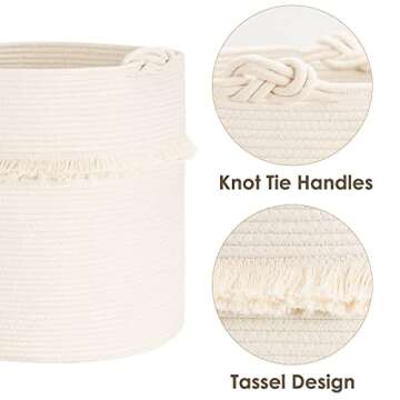 CherryNow Extra Large Woven Storage Baskets – 17'' x 16'' Cotton Rope Decorative Hamper for Magazine, Toys, Blankets, and Laundry, Cute Tassel Nursery Decor - Home Storage Container Off-white
