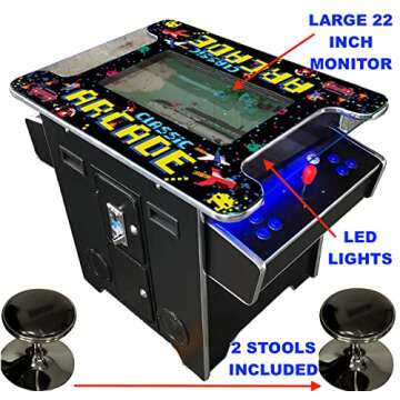 TOP US VIDEO ARCADES Full Size Commercial Grade Cocktail Arcade Machine 2 Player Retro 412 Games 22" LCD Screen Tempered Glass 2 Stools Included 5 Year Warranty Black