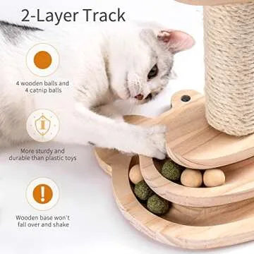 MEWOOFUN Cat Toy 2-Layer Turntable Cat Ball Toy with Feather,Kitten Toys Interactive Cat Toy with Eight Interactive Balls and Two Sisal Dangling Balls (Medium)