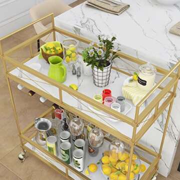 OIOG Gold Bar Cart with Wine Rack and Glass Holder, 2-Tier Home Bar Serving Cart with Marble Shelves...