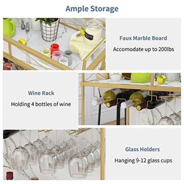 OIOG Gold Bar Cart with Wine Rack & Glass Holder