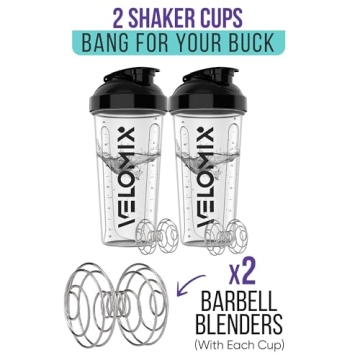 VELOMIX -2 Pack- 28 oz Protein Shaker Bottles for Protein Mixes - 2x Wire Whisk | Leak Proof Shaker Cups for Protein Shakes | Protein Shaker Bottle Pack | Shakers for Protein Shakes - 2xTransparent