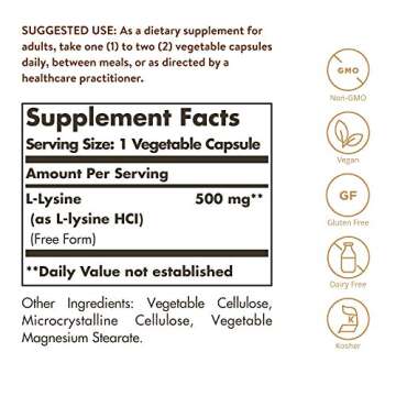 Solgar L-Lysine 500 mg, 250 Vegetable Capsules - Enhanced Absorption & Assimilation - Promotes Integ...