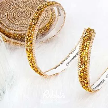 Ribbli Self Adhesive Resin Rhinestone Strips Diamond Ribbon,Rhinestone Sticker for Crafts,Gold Bling Wrap Roll Use for Cake Decoration(Gold,3/8 Inches x 3 Yards)