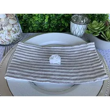 Linen Napkins – 100% French Flax – Stonewashed Pure Linen Cloth Napkins – Mitered Corners – Set of 4 (Gray/White Stripe)