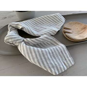 Linen Napkins – 100% French Flax – Stonewashed Pure Linen Cloth Napkins – Mitered Corners – Set of 4 (Gray/White Stripe)