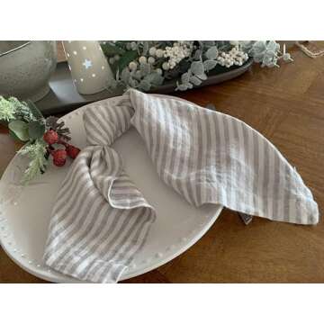 Linen Napkins – 100% French Flax – Stonewashed Pure Linen Cloth Napkins – Mitered Corners – Set of 4 (Gray/White Stripe)