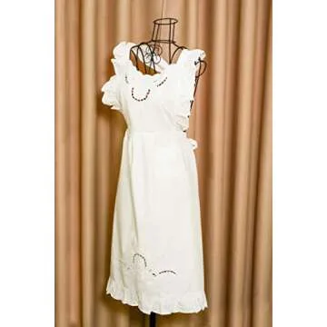Minhcraft White Cotton Beautiful Flower Embroidery Apron-Ruffles Full Length Bib Women Apron