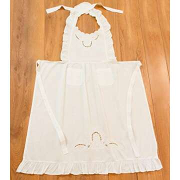 Minhcraft White Cotton Beautiful Flower Embroidery Apron-Ruffles Full Length Bib Women Apron