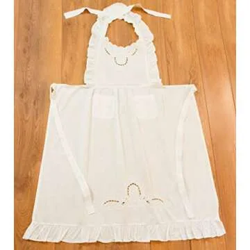 Minhcraft White Cotton Beautiful Flower Embroidery Apron-Ruffles Full Length Bib Women Apron