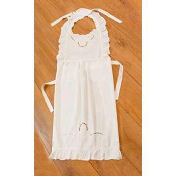 Minhcraft White Cotton Beautiful Flower Embroidery Apron-Ruffles Full Length Bib Women Apron