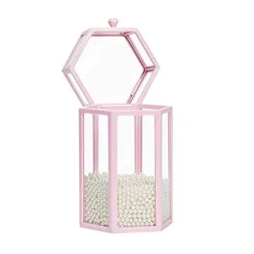 Acrylic Makeup Brush Holder Organizer with Lid and Pearls (Pink, 4.9 x 8.5 In)