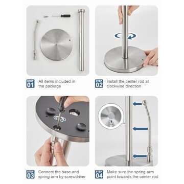 SMARTAKE Paper Towel Holder, Paper Towel Dispenser Standing Weighted Base Non Slip, Spring Arm for Easy Tear, Stainless Steel Paper Towel Holder for Home Kitchen Countertop Tabletop, Silver