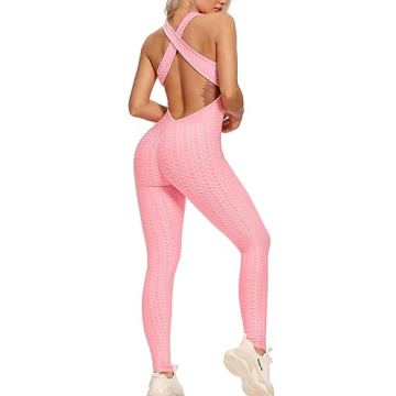 KIWI RATA One Piece Jumpsuits for Women Workout Sleeveless Textured Gym Bodycon Backless Scrunch But...