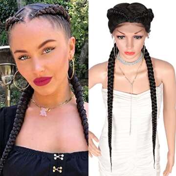 Kalyss 35" Extra Long Lace Front Zig Zag Part Braided Wigs for Black Women Black Dutch Human Hair Bl...