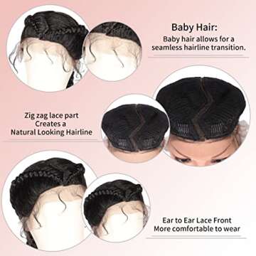 Kalyss 35" Extra Long Lace Front Zig Zag Part Braided Wigs for Black Women Black Dutch Human Hair Blended Braids Wig Natural Looking Lace Frontal Twist Box Braided Wig with Baby Hair