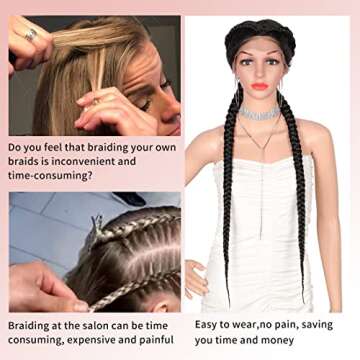 Kalyss 35" Extra Long Lace Front Zig Zag Part Braided Wigs for Black Women Black Dutch Human Hair Blended Braids Wig Natural Looking Lace Frontal Twist Box Braided Wig with Baby Hair