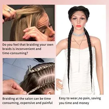 Kalyss 35" Extra Long Lace Front Zig Zag Part Braided Wigs for Black Women Black Dutch Human Hair Blended Braids Wig Natural Looking Lace Frontal Twist Box Braided Wig with Baby Hair