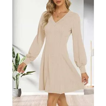 OYANUS Womens V Neck Long Sleeve Sweater Dress Fall Latern Sleeve Knit Flowy Short Mini Skater Dresses Apricot M