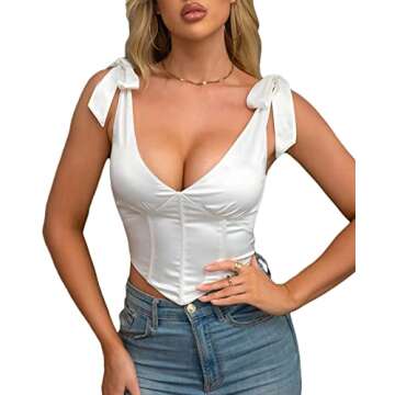 Beumissy Women's Vintage Corset Crop Top Sexy V-neck Satin Boned Zip Back Bow Tie Bustier Top(White,Medium)