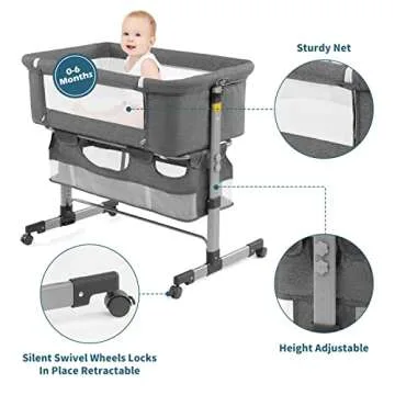 nordmiex Bedside Sleeper Bedside Crib, Baby Bassinet 3 in 1 Travel Baby Crib Baby Bed with Breathable Net,Adjustable Portable Bed for Infant/Baby(Deep Grey)