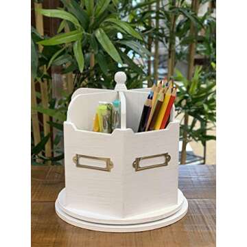 Spinning Desktop Stationary Organizer – Decorative Wooden Rotating Pen and Pencil Cup – Elegant 6 Compartment White Desk and Table Top Office Supplies Station with Labels- by Designstyles