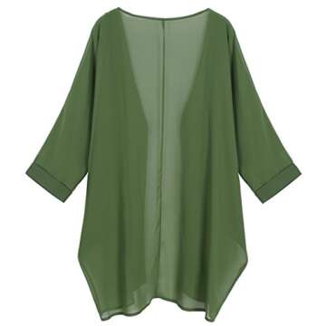 olrain Women's Floral Print Sheer Chiffon 3/4 Bat Sleeve Casual Loose Kimono Cardigan Capes (Large, Deep Green)