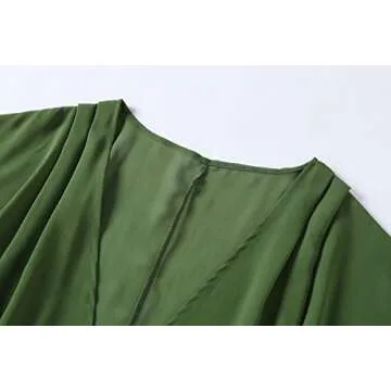 olrain Women's Floral Print Sheer Chiffon 3/4 Bat Sleeve Casual Loose Kimono Cardigan Capes (Large, Deep Green)