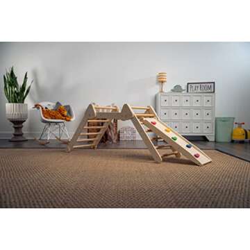 Avenlur Vicus 4 in 1 Montessori Climbing Set - Wooden Climbing Gym - Triangle Ladder, Rock Climbing Step, Ramp Climber, Reversible Slide - Foldable Indoor Playground for Kids Ages 18 Months to 4 Years