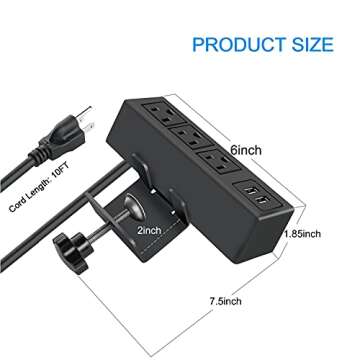 3 Outlet Desk Clamp Power Strip, Desktop Power Strip with USB Ports, Desk Mount USB Charging Power Station, on Desk Edge Power Outlet 125V 12A 1500W, 10 FT Desk Outlet Strip. (10FT, Black)