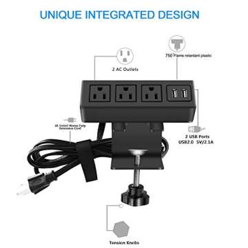 3 Outlet Desk Clamp Power Strip, Desktop Power Strip with USB Ports, Desk Mount USB Charging Power Station, on Desk Edge Power Outlet 125V 12A 1500W, 10 FT Desk Outlet Strip. (10FT, Black)