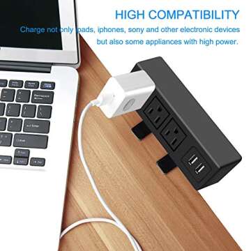3 Outlet Desk Clamp Power Strip, Desktop Power Strip with USB Ports, Desk Mount USB Charging Power Station, on Desk Edge Power Outlet 125V 12A 1500W, 10 FT Desk Outlet Strip. (10FT, Black)