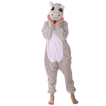 WAFUNNE Animal Onesie Costume for Kids Child Boys Girls Womens Mens Cosplay Halloween Costumes Easter Onesies Grey Hippo 140