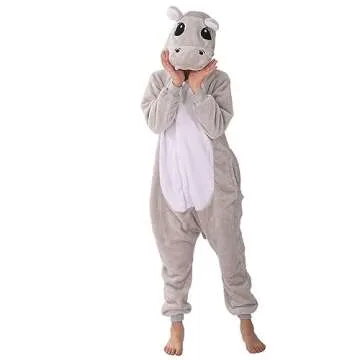 WAFUNNE Animal Onesie Costume for Kids Child Boys Girls Womens Mens Cosplay Halloween Costumes Easter Onesies Grey Hippo 140