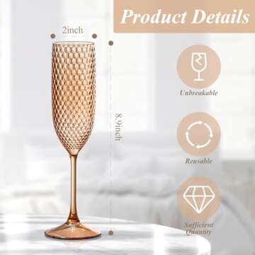 12 Pack Plastic Champagne Flutes Rose gold Goblet Champagne Glasses Unbreakable Wedding Toasting Glasses Diamond Wine Glasses Crystal Wine Cups Clear Drinking Glasses 5.5 OZ for Bridal Shower