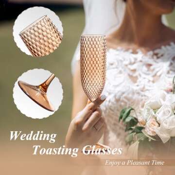 12 Pack Plastic Champagne Flutes Rose gold Goblet Champagne Glasses Unbreakable Wedding Toasting Glasses Diamond Wine Glasses Crystal Wine Cups Clear Drinking Glasses 5.5 OZ for Bridal Shower