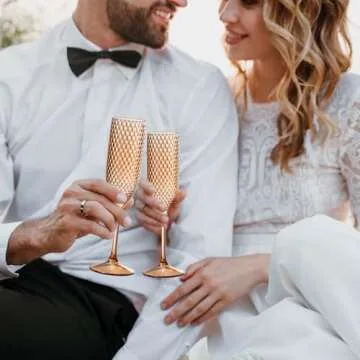12 Pack Plastic Champagne Flutes Rose gold Goblet Champagne Glasses Unbreakable Wedding Toasting Glasses Diamond Wine Glasses Crystal Wine Cups Clear Drinking Glasses 5.5 OZ for Bridal Shower