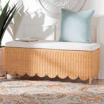 bali & pari Teresa Scalloped Rattan Ottoman Bench, Rectangle, Light Honey